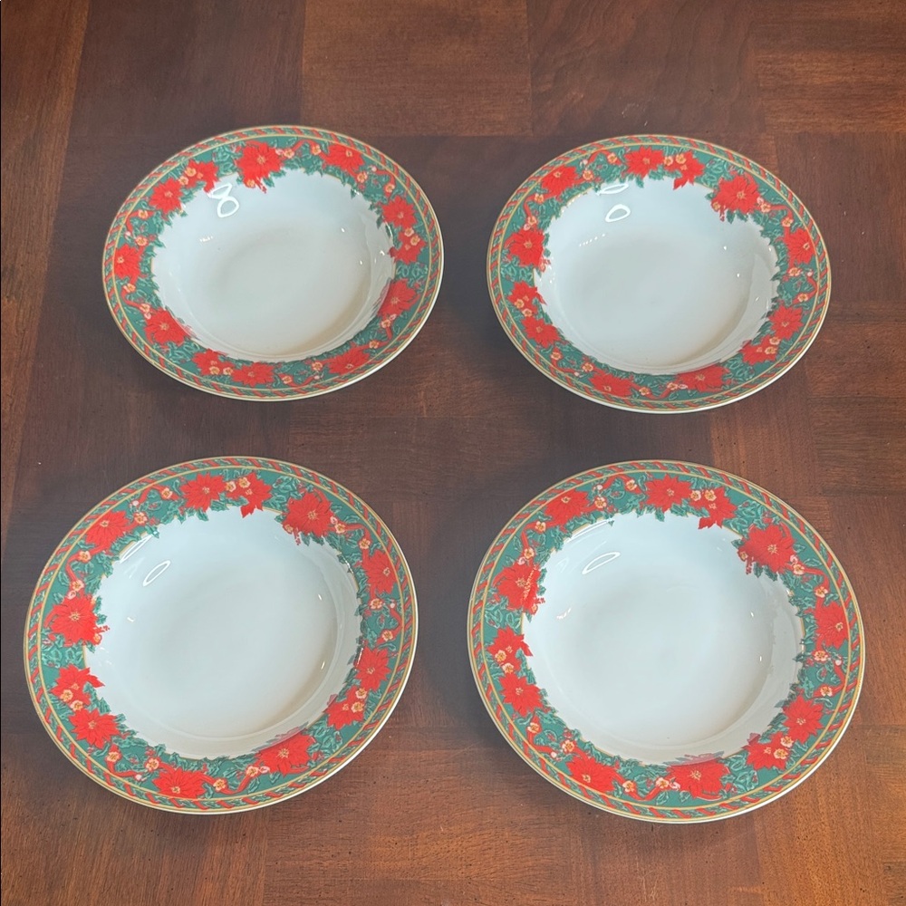 Kopin Christmas Holiday Poinsettia Rim Soup Bowls Dinnerware New